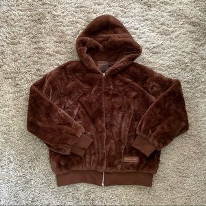 F21 Pantone Brown faux fur hooded jacket sz S